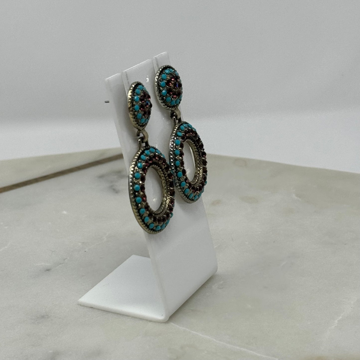 Earrings Boho Southwest Round Stud Dangles Blue Silver Tone Stud 2 in Drop