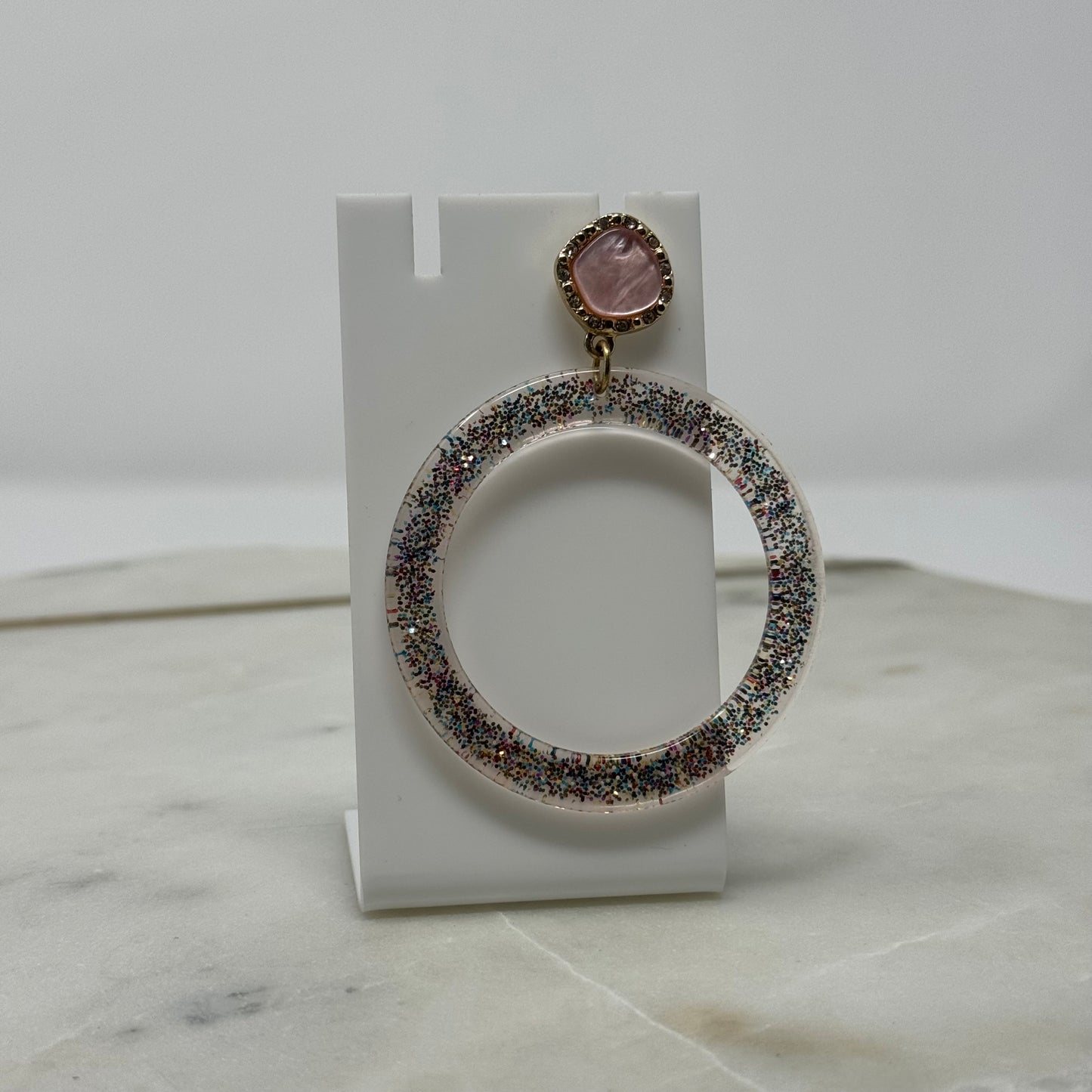 Pink & Gold Glitter Dangle Hoop Earrings