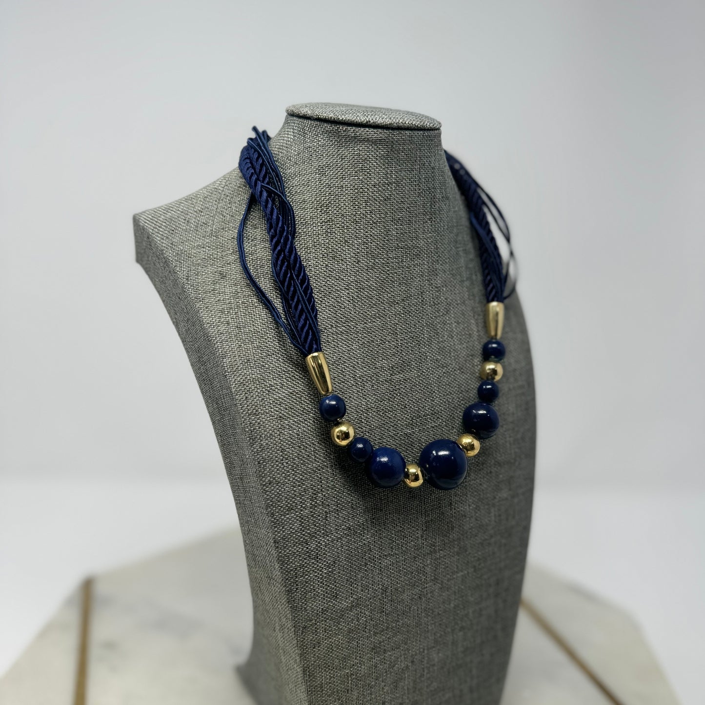Elegant Blue & Gold Beaded Necklace with Multi-Strand Rope - Modern Statement Jewelry