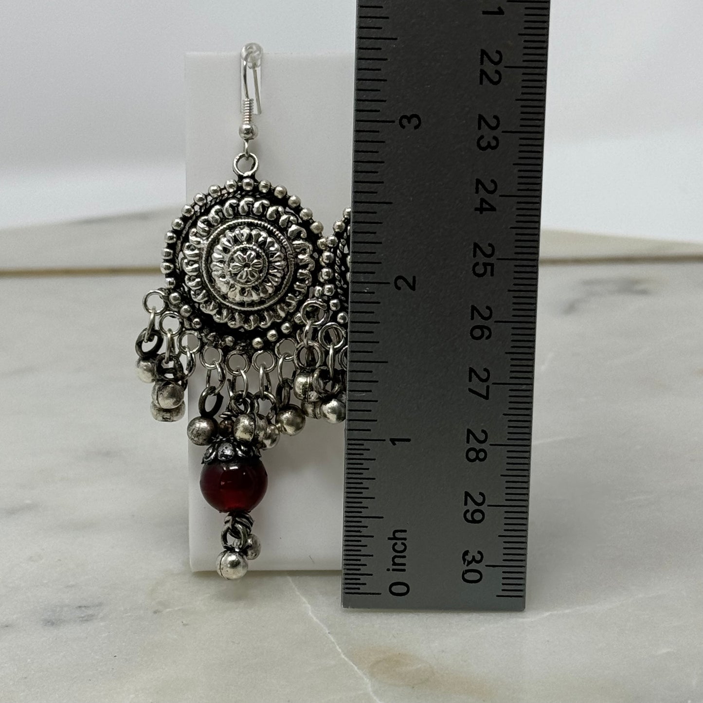 Earrings Boho Southwest Silver Tone Bell Hook Dangles 3 in Drop Chandelier