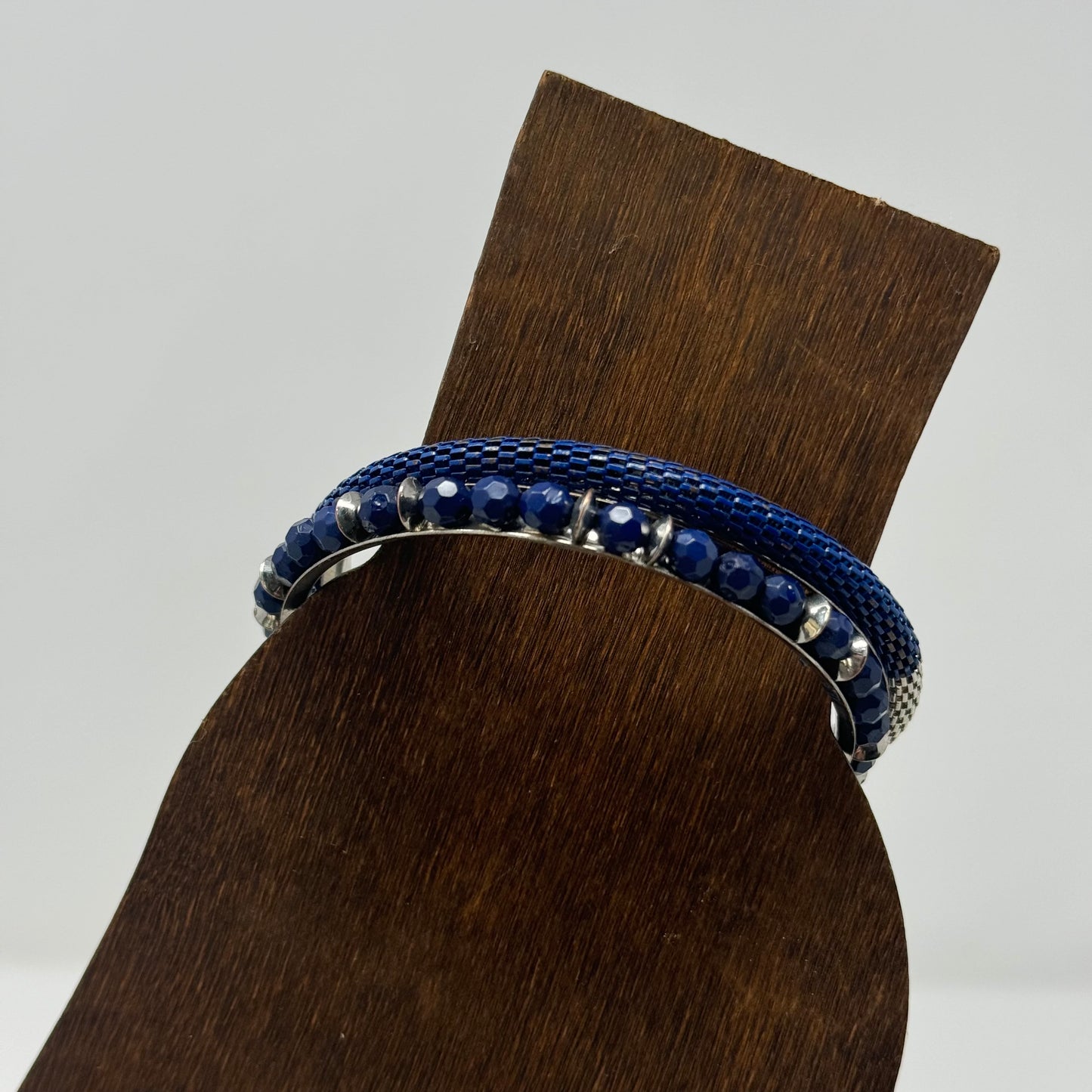 Elegant Blue Beaded Bracelet Set, Bangle Silver Accents, Fashion Jewelry