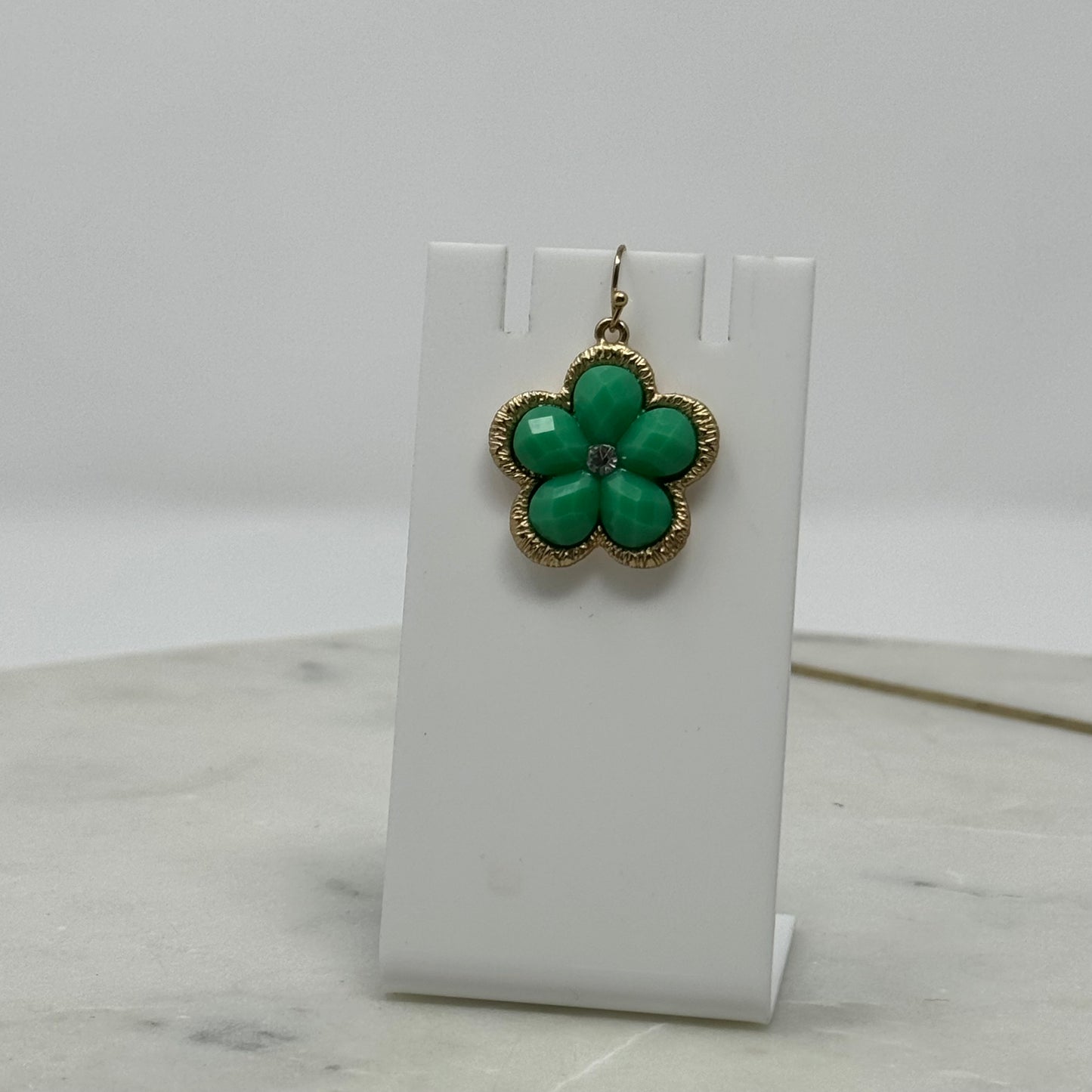 Green & Gold Flower Rhinestone Dangle Hook Earrings
