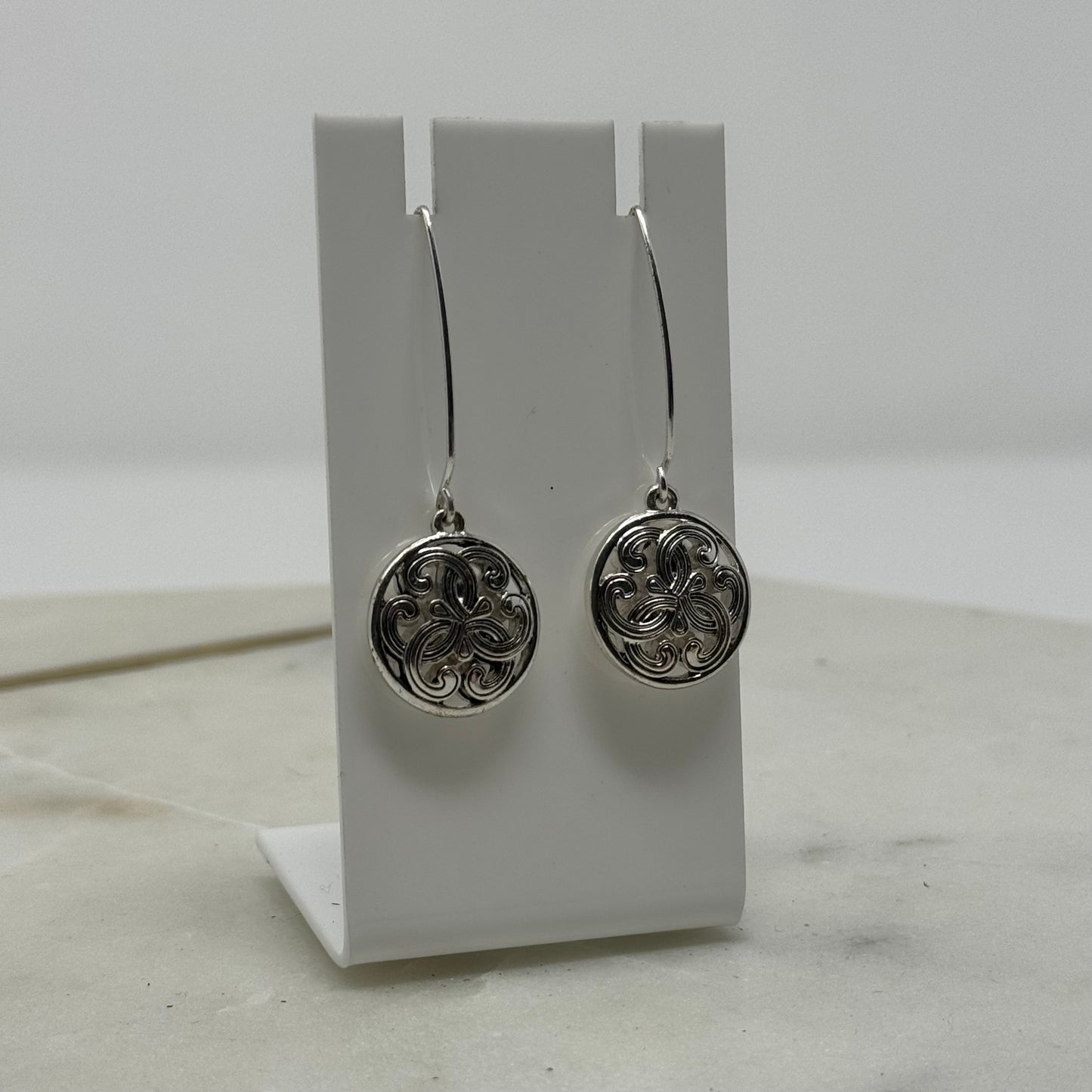 Round Silver Intricate Dangle Long Hook Earrings