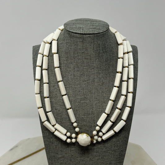 Vintage Necklace Statement Multi Strand Beaded White Box Clasp 15 in Jewelry