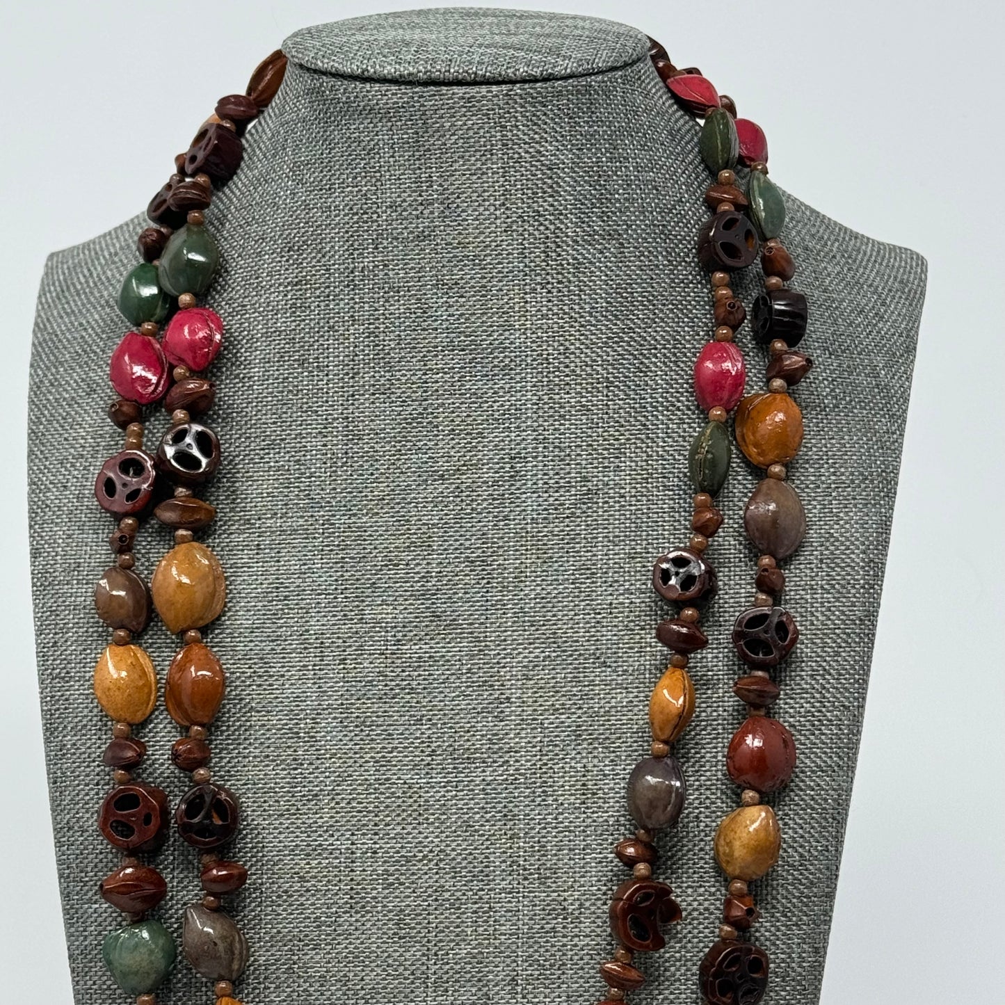Artisan Hand-carved Bead Necklace - Boho Multi-Colored Statement Jewelry Handmade
