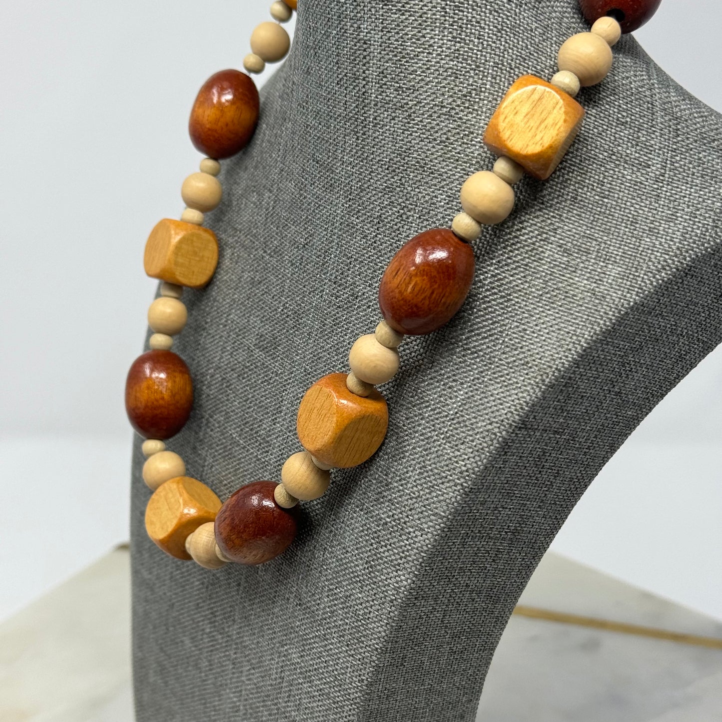 Necklace Boho Beaded Statement Wood Beige 18 inch Fashion Jewelry