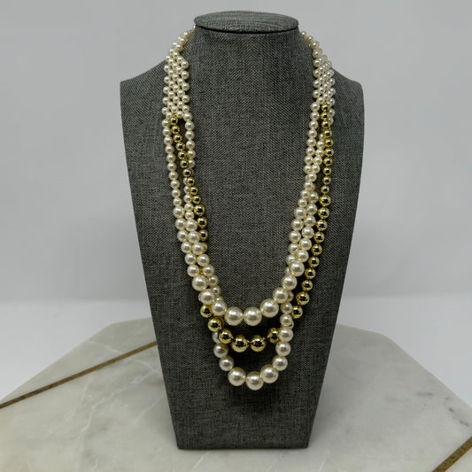 Necklace Statement Layered Beaded Strands Pearl Metallic 18 in Costume Jewelry