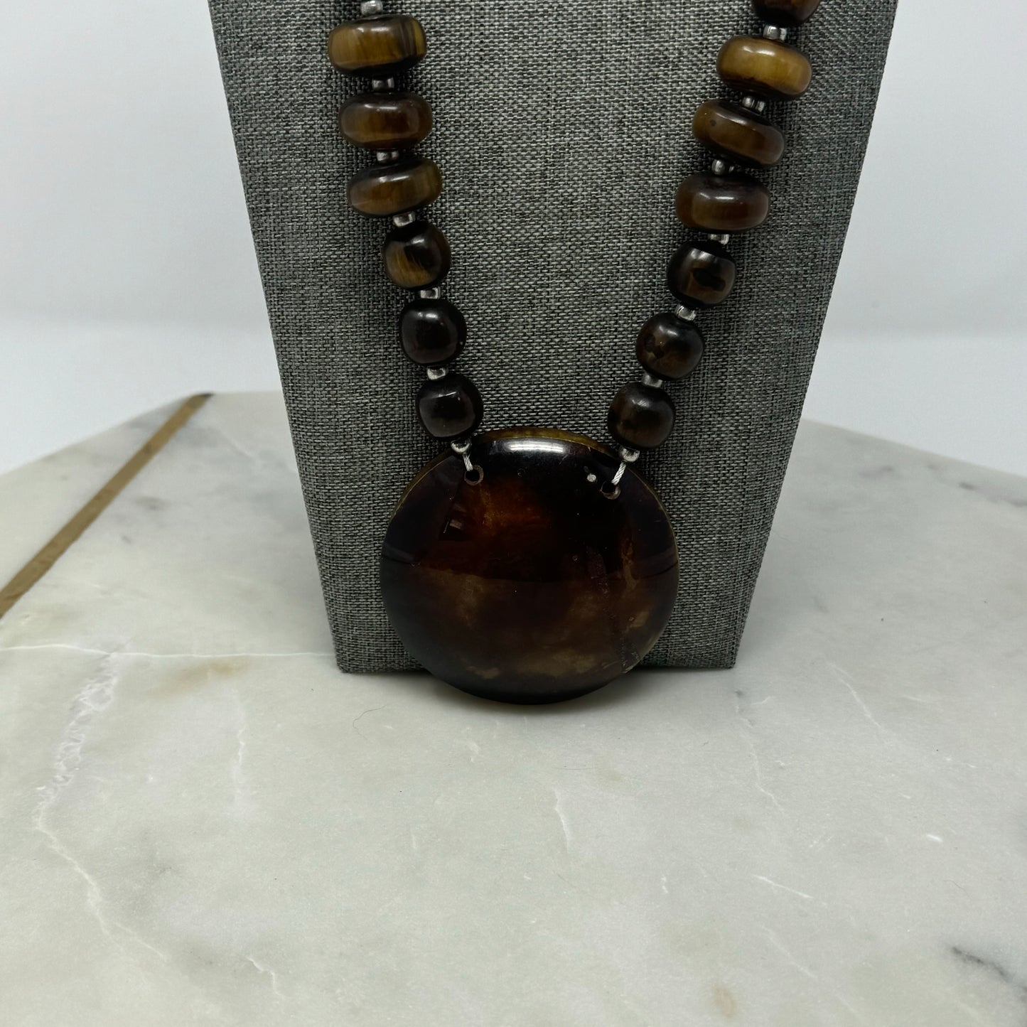 Boho Beaded Statement Necklace with Large Resin Pendant Brown- Handmade Artisan Jewelry
