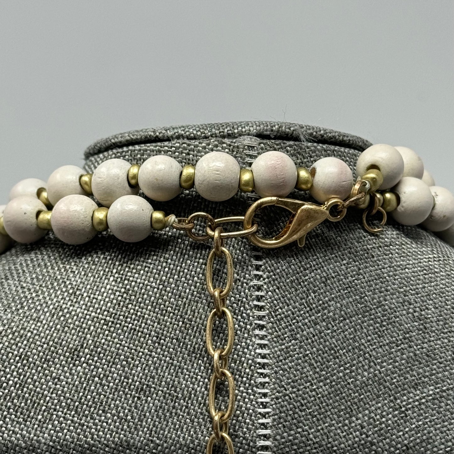 Necklace Boho Southwest Wood Beads White & Gold Tone Spacer 36 in
