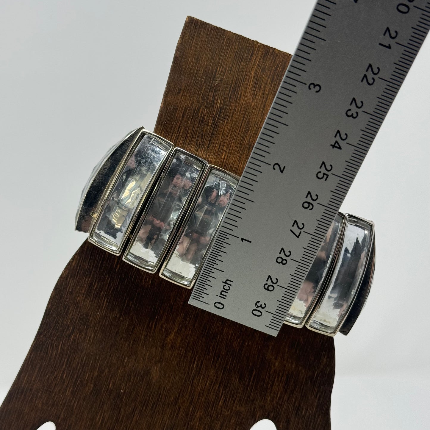 Retro Clear Panel Bracelet - Mid-Century Modern, Chunky Silver Tone Bangle, Retro Statement Jewelry