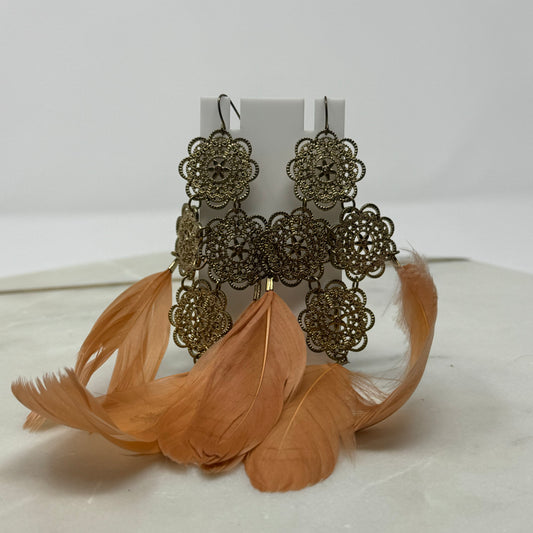 Orange Feather Intricate Gold Floral Dangle Statement Earrings
