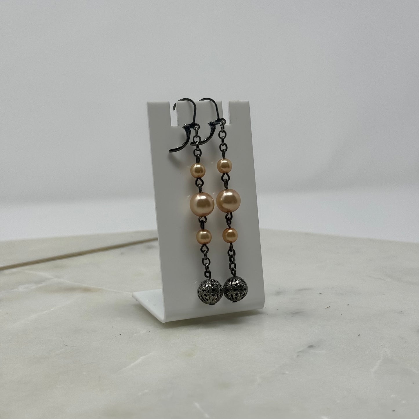 Peach Pearl Dangle Statement Leverback Earrings