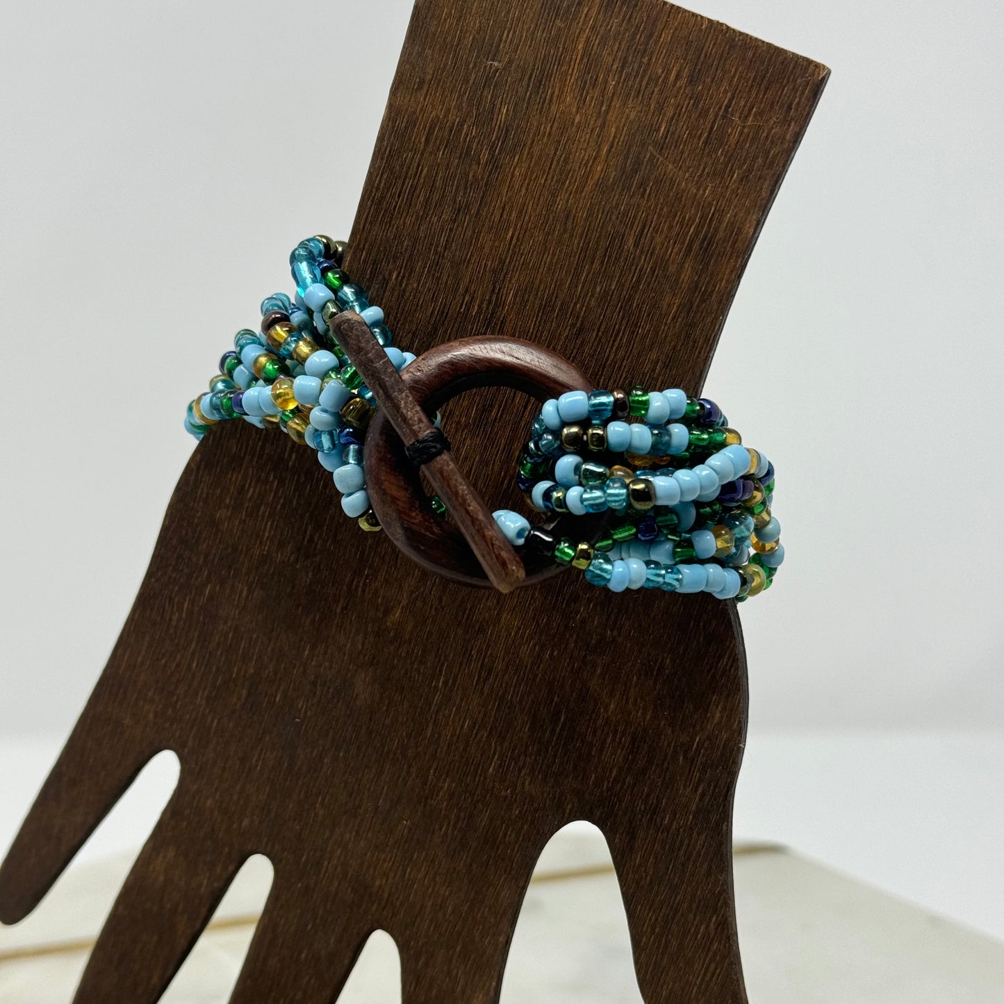 Womens Bracelet Blue Multi-Layer Seed Beaded Cuff Toggle Closure Bracelet 8 in