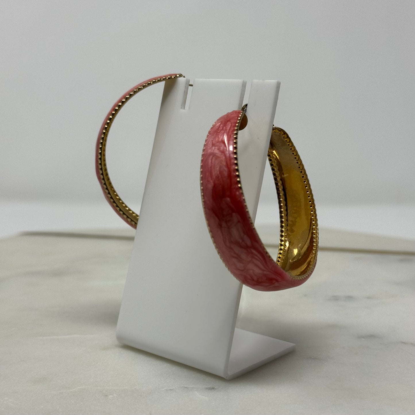 Large Coral Enamel & Gold Hoop Earrings