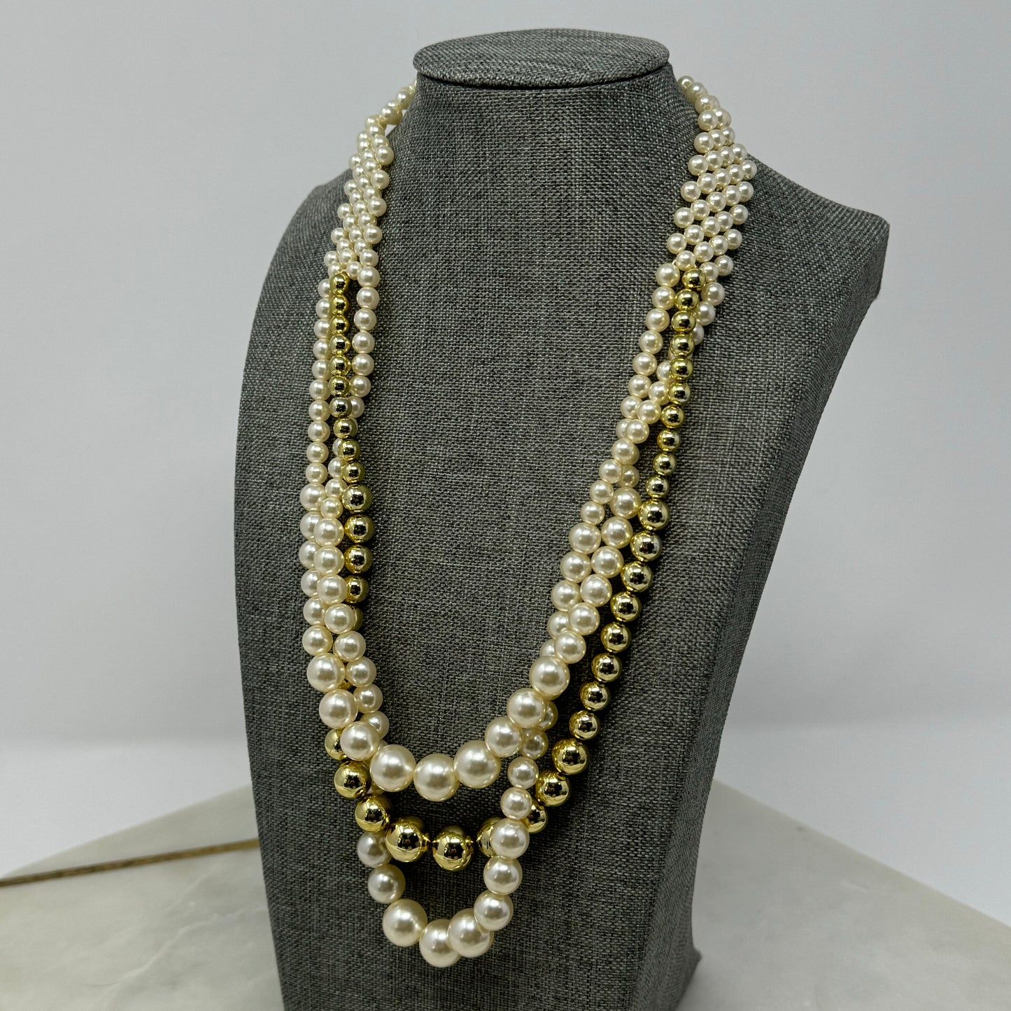 Necklace Statement Layered Beaded Strands Pearl Metallic 18 in Costume Jewelry