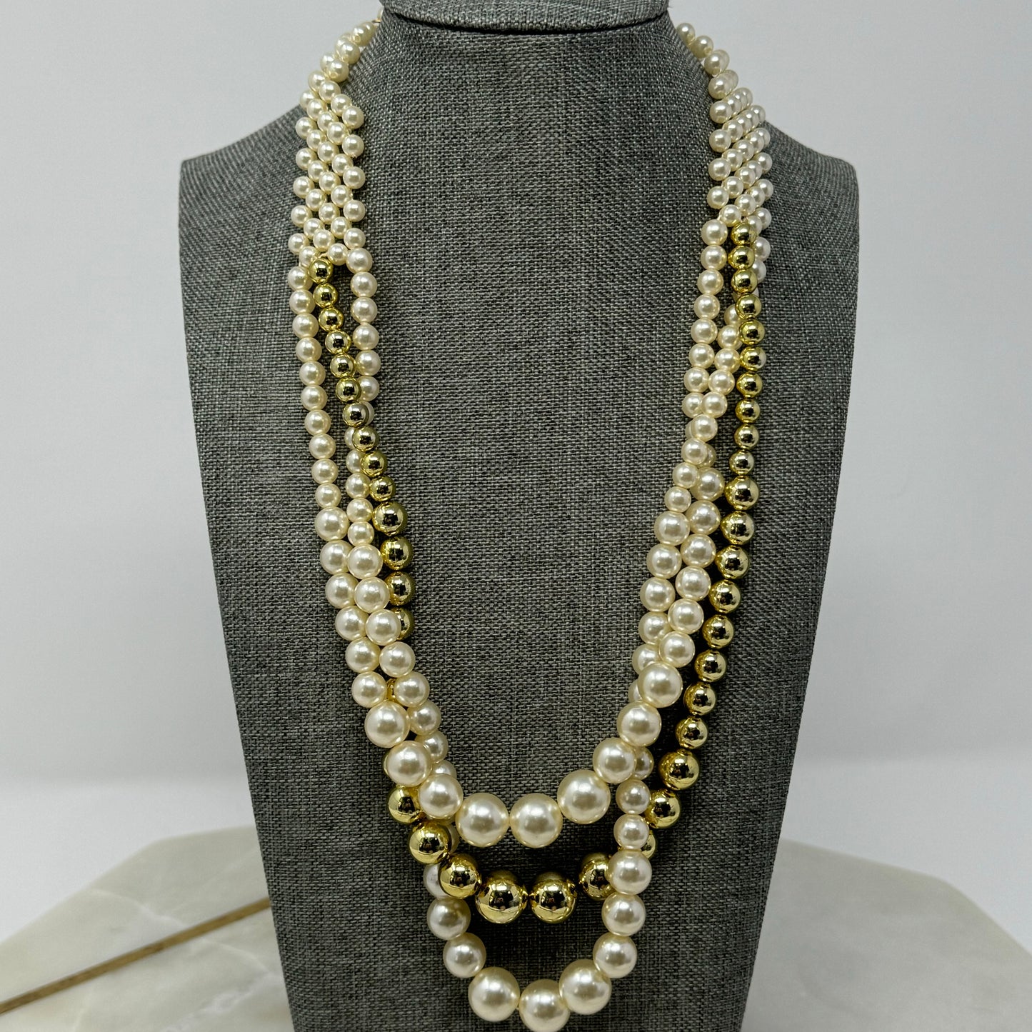 Necklace Statement Layered Beaded Strands Pearl Metallic 18 in Costume Jewelry
