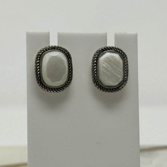 Boho White Shimmer Stone Tribal Silver Post Earrings
