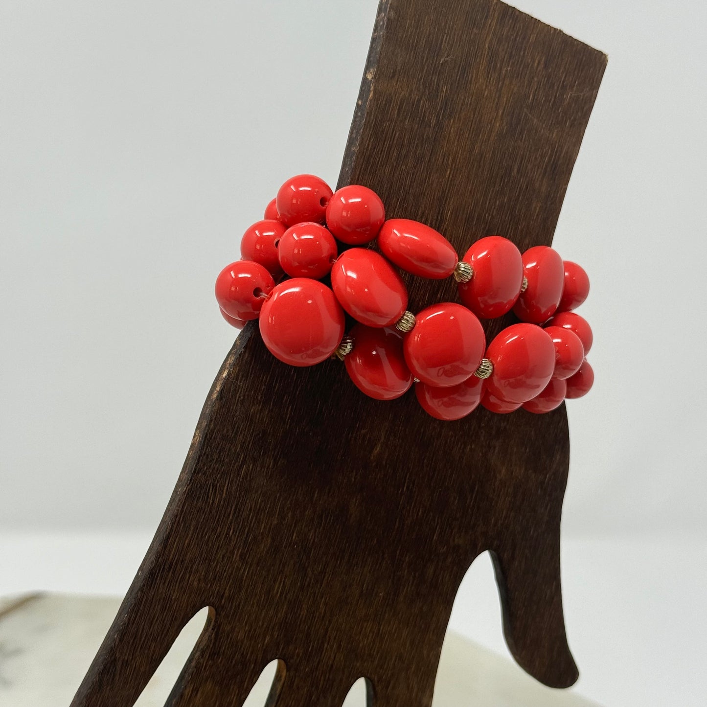 Bracelet Stretch Red Beaded Strands Gold Spacer Set of 3 Stackable Bangles 8 in Costume Jewelry