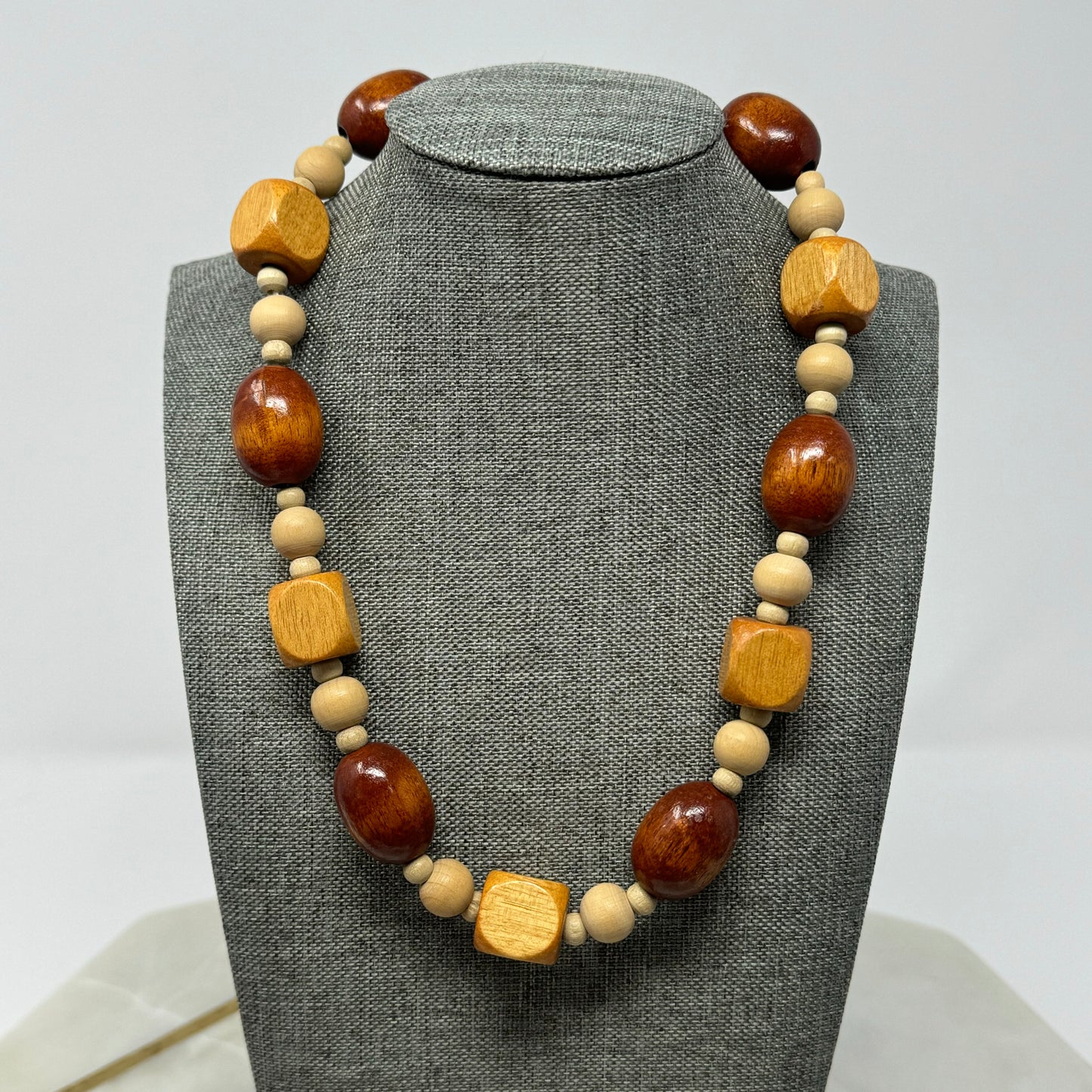 Necklace Boho Beaded Statement Wood Beige 18 inch Fashion Jewelry
