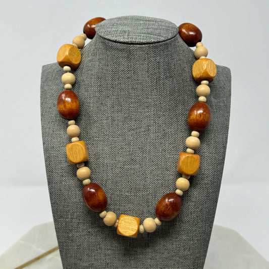 Necklace Boho Beaded Statement Wood Beige 18 inch Fashion Jewelry