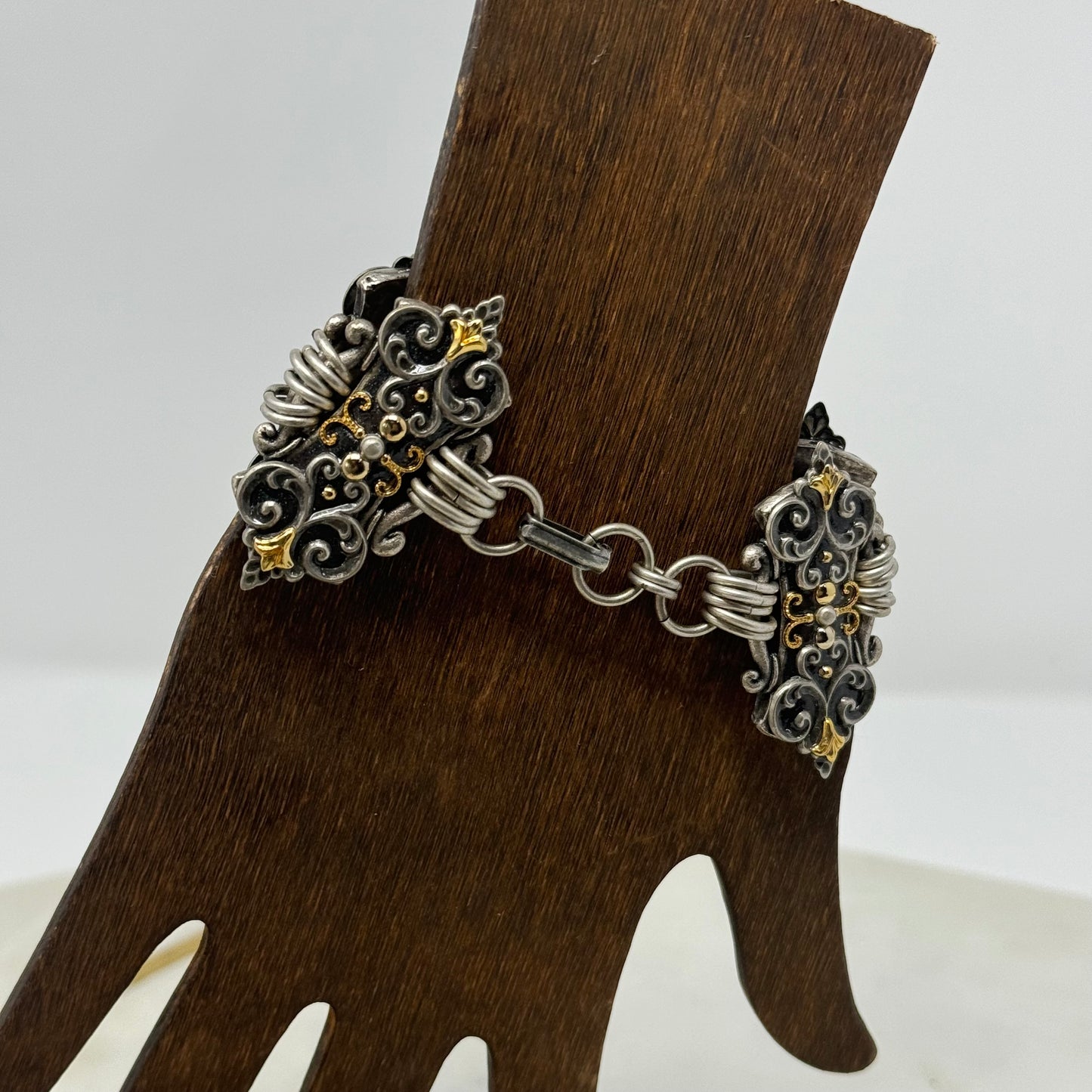 Bracelet Boho Southwest Intricate Segmented Metal Work Link Bangle Cuff 7.5 in Costume Jewelry
