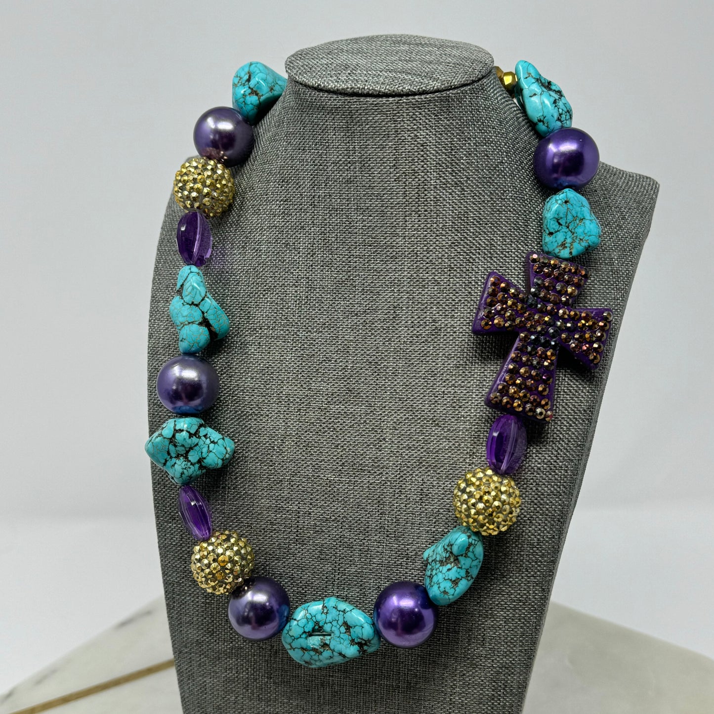 Necklace Boho Southwest Statement Chunky Beaded Pearl Purple Turquoise 20 in