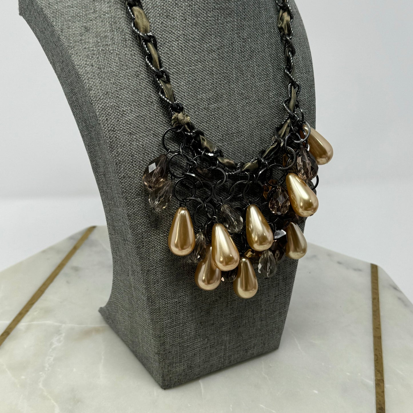 Necklace Boho Layer Statement Beaded Teardrop Faux Pearl Metallic 15”