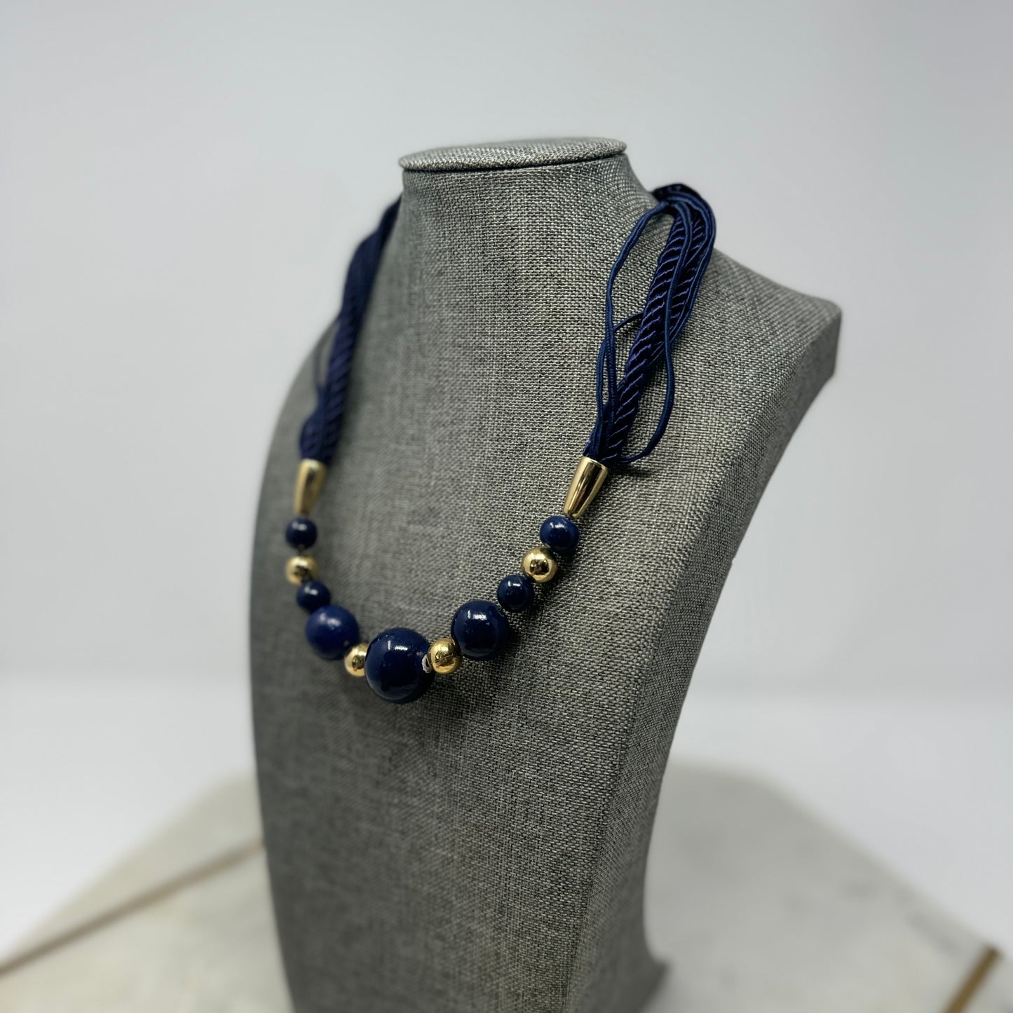 Elegant Blue & Gold Beaded Necklace with Multi-Strand Rope - Modern Statement Jewelry