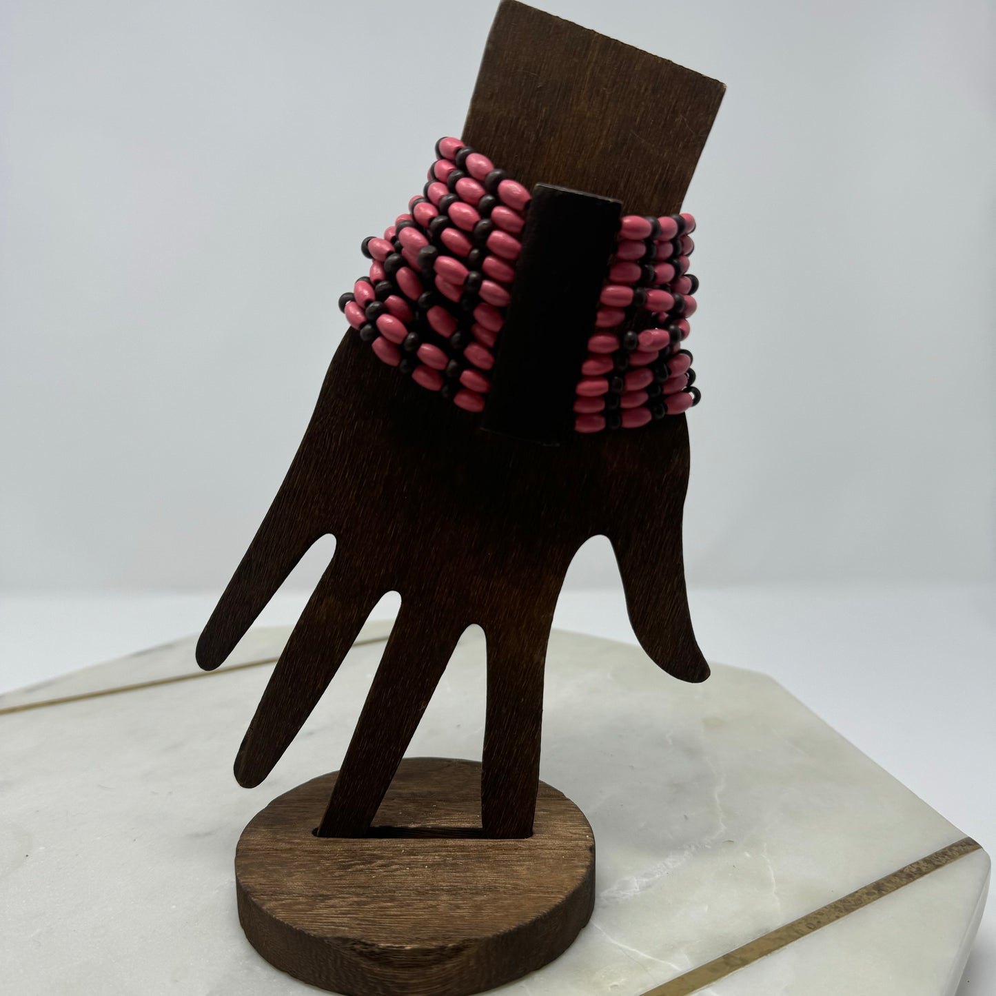 Bracelet Boho Multi-Layer Pink Tall Cuff Bangle Wood Beads 7.75 in Costume Jewelry