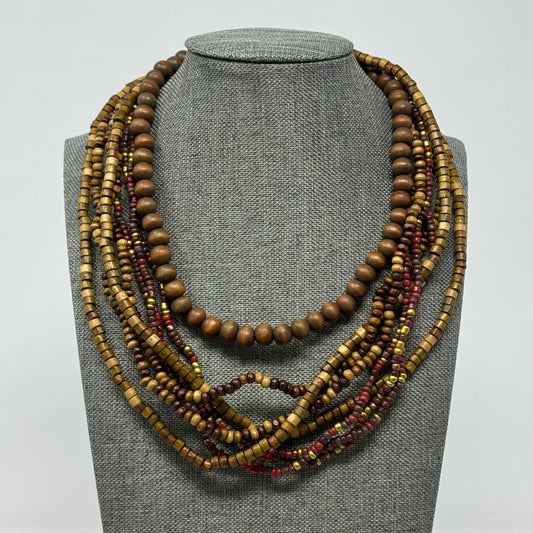 Wooden Bead Statement Necklace Earth Tones Artisan Handmade Multi-Strand Boho Jewelry