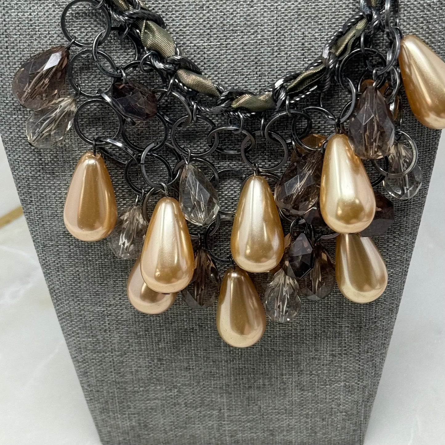 Necklace Boho Layer Statement Beaded Teardrop Faux Pearl Metallic 15”