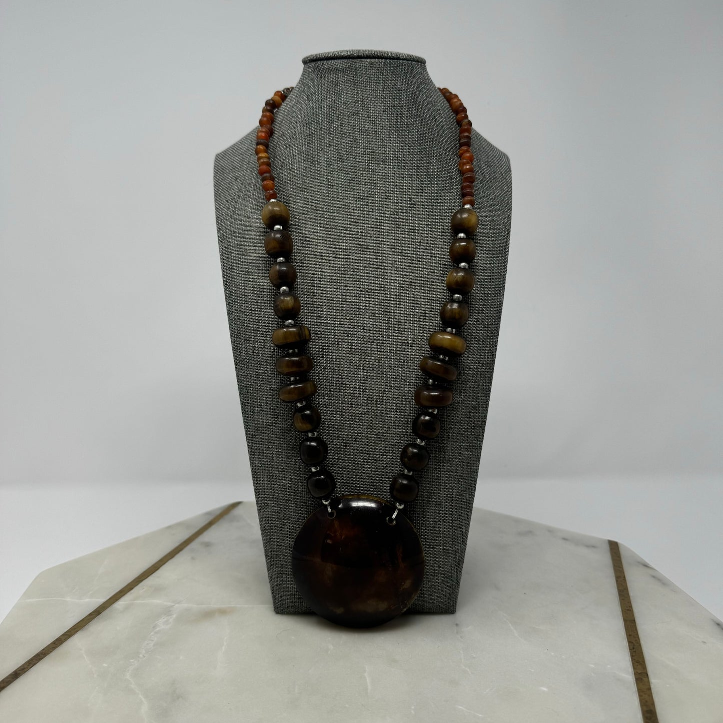 Boho Beaded Statement Necklace with Large Resin Pendant Brown- Handmade Artisan Jewelry