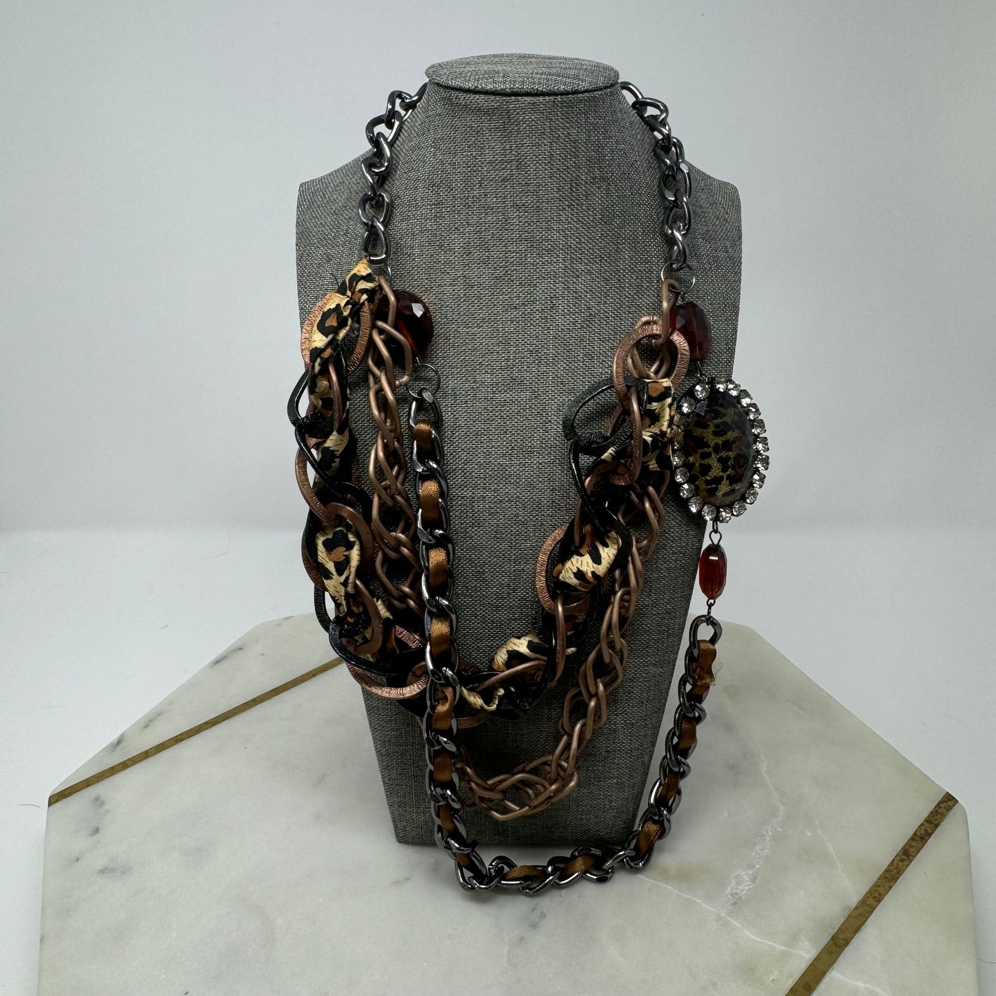 Necklace Statement Layered Chains Chunky Rhinestone Leopard Print Pendant Ribbon 18 in