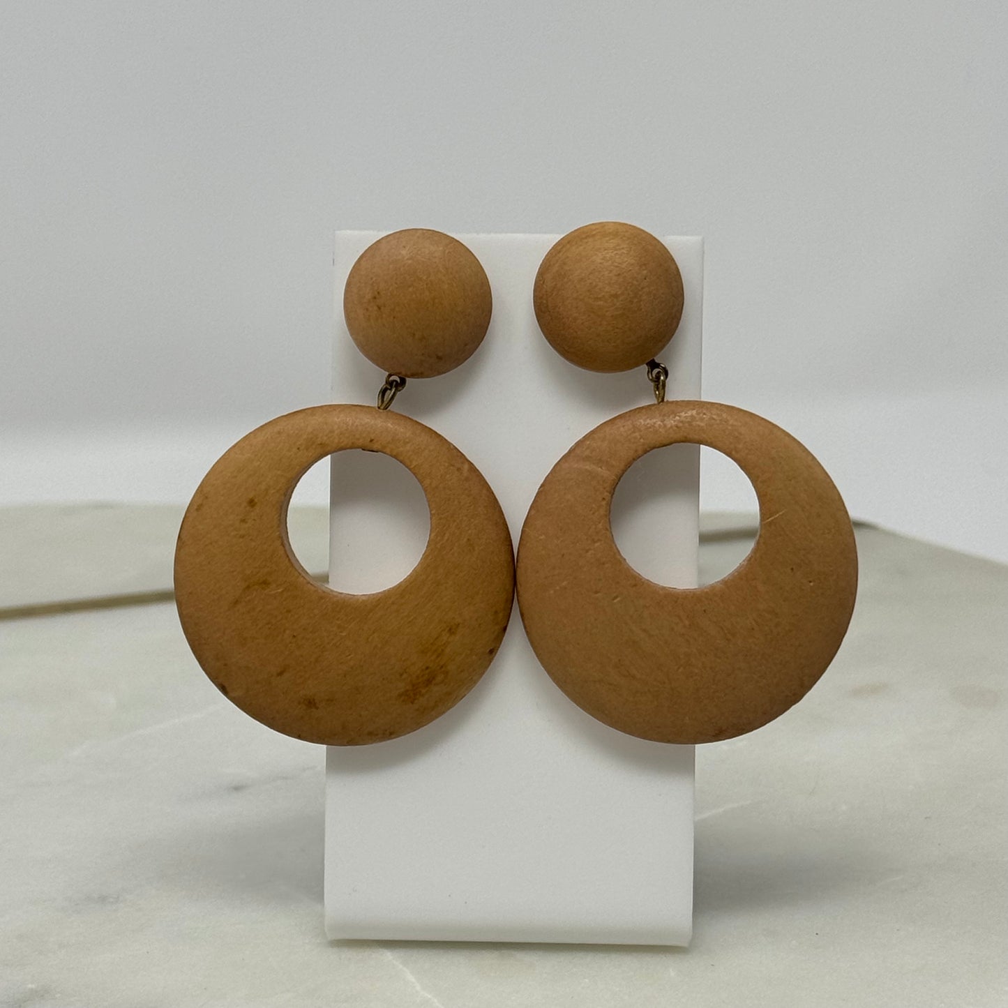 Earrings Boho Wood Dangles Round Stud 2.5 Inch Drop Pierced Ears