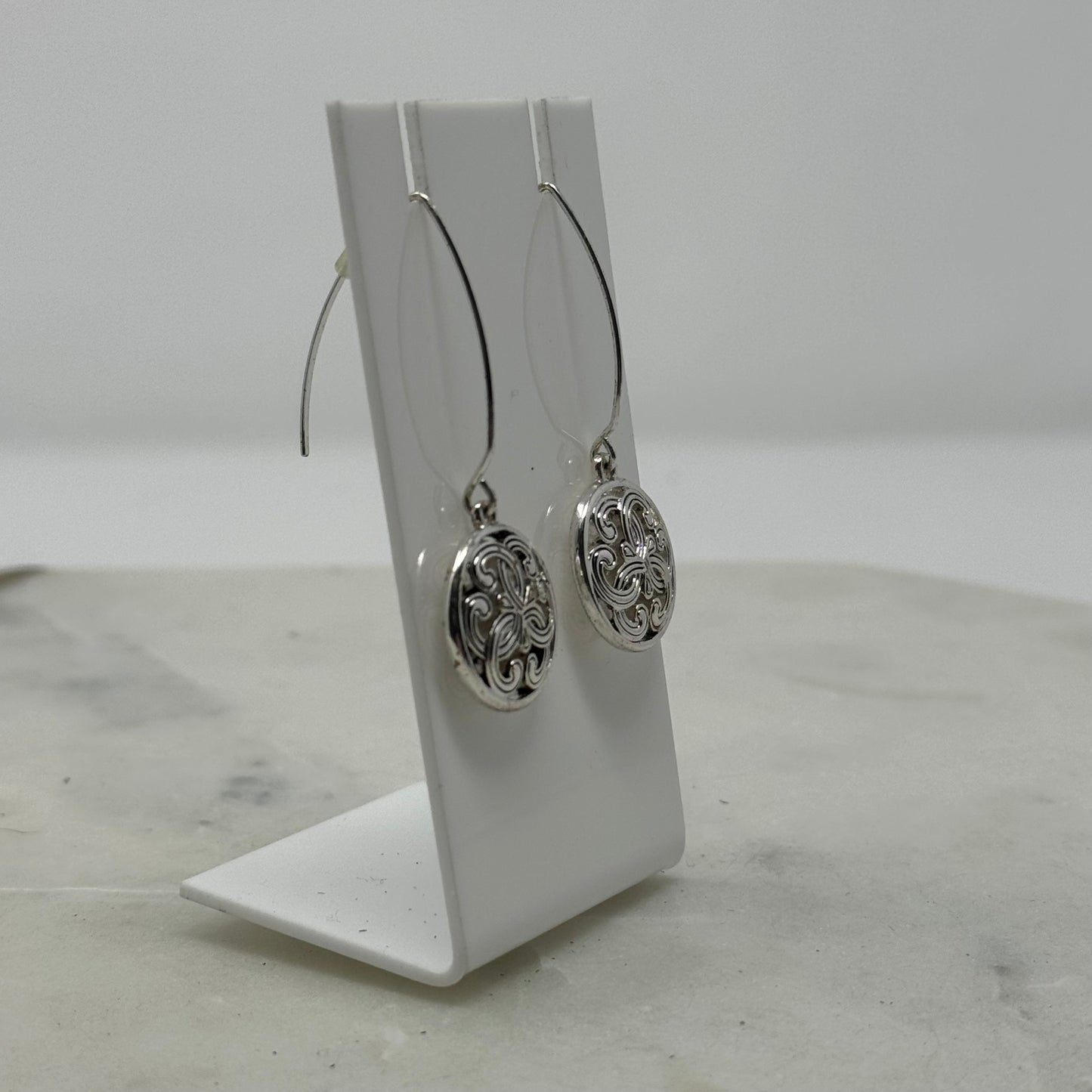 Round Silver Intricate Dangle Long Hook Earrings