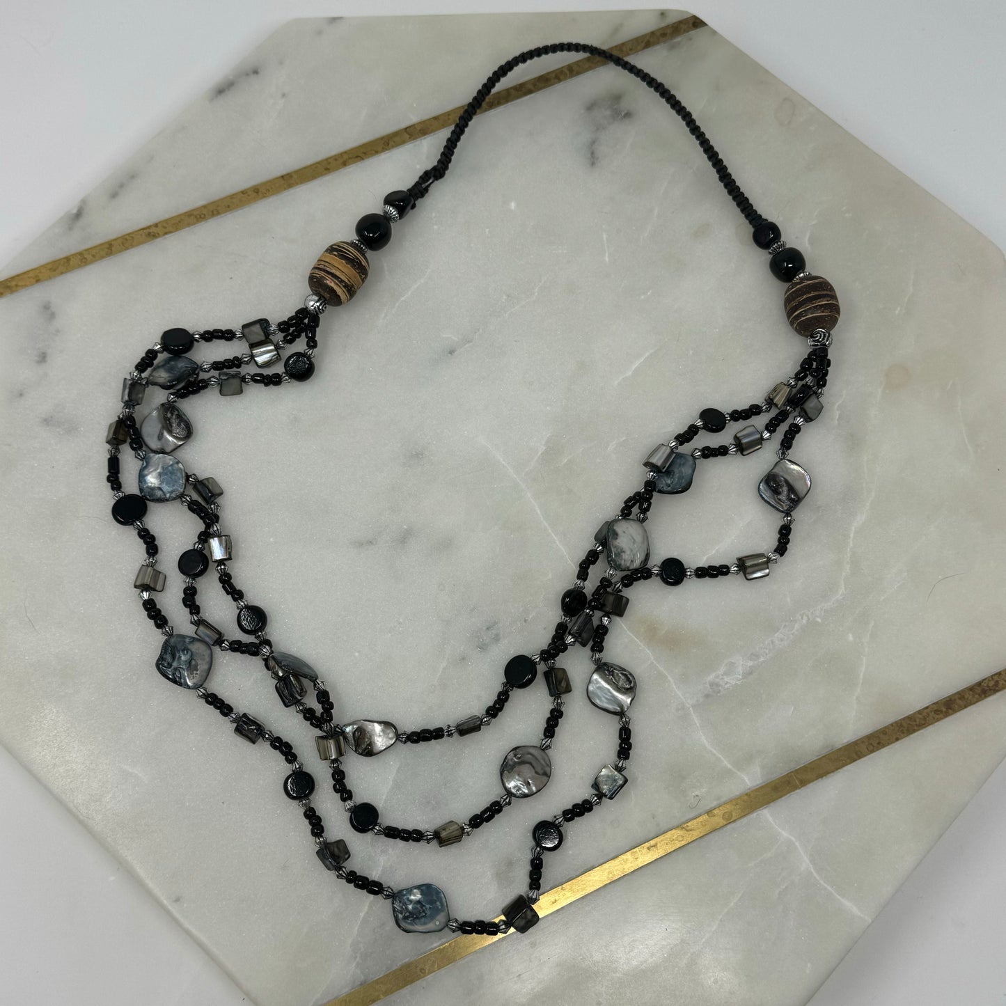 Necklace Boho Beachy Beaded Strands Shell Wood Glass Black Grey 26 in