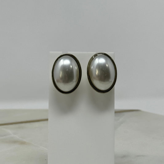 ABC Studios Earrings Classic Faux Pearl White Oval Button Stud .75 in Costume Jewelry