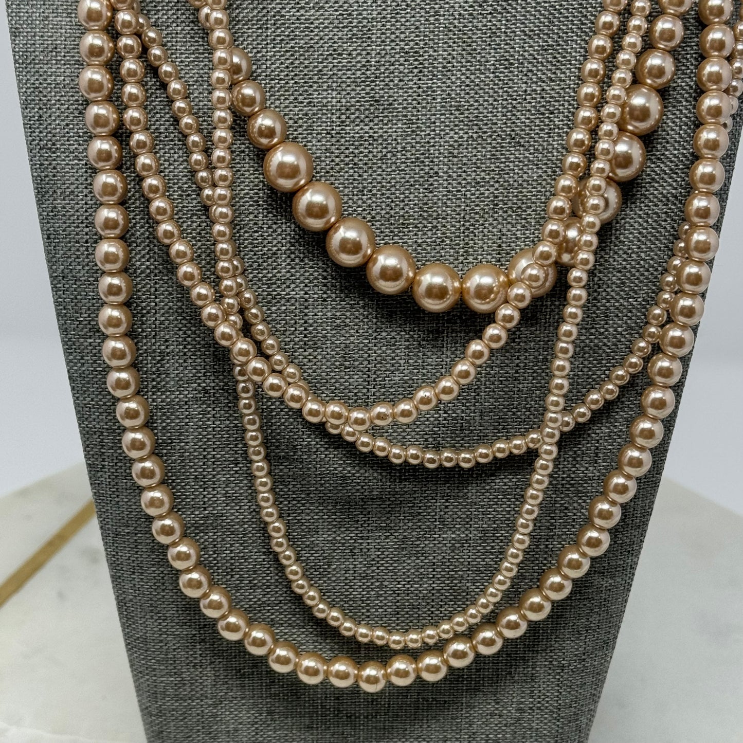 Necklace Statement Beaded Strands Faux Pearl Beige 18 in Costume Jewelry