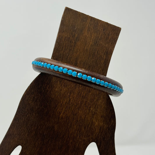 Vintage Wood Bangle Bracelet with Turquoise Bead Accents - Boho Chic, Rustic Handmade Jewelry