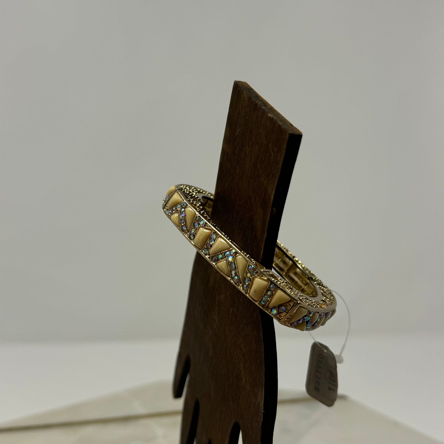 Gold Tone Bangle Bracelet – Enamel Inlay, Rhinestone Accents, Boho Chic, Geometric Design