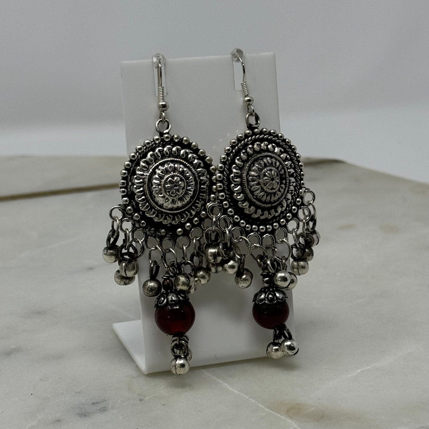 Earrings Boho Southwest Silver Tone Bell Hook Dangles 3 in Drop Chandelier