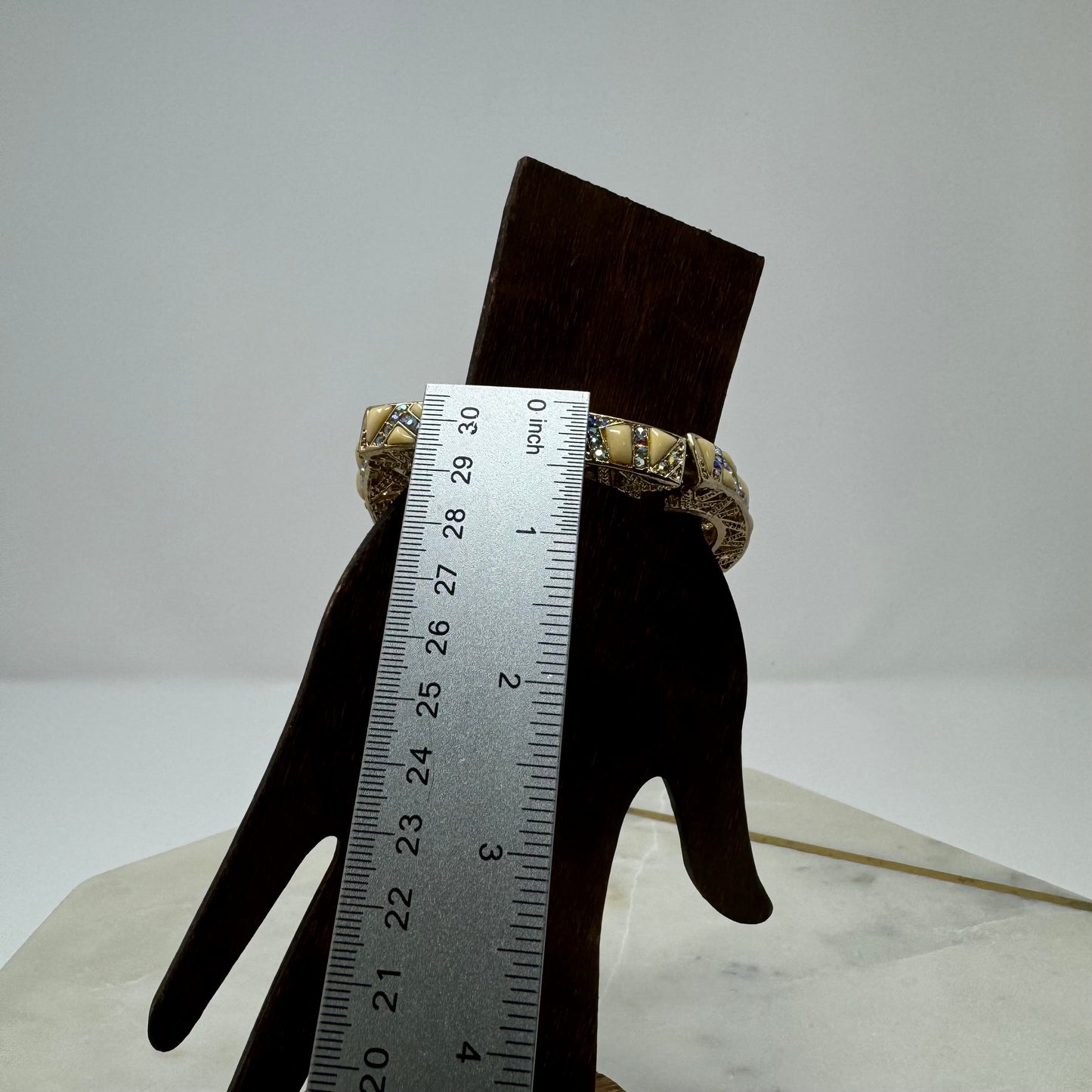 Gold Tone Bangle Bracelet – Enamel Inlay, Rhinestone Accents, Boho Chic, Geometric Design