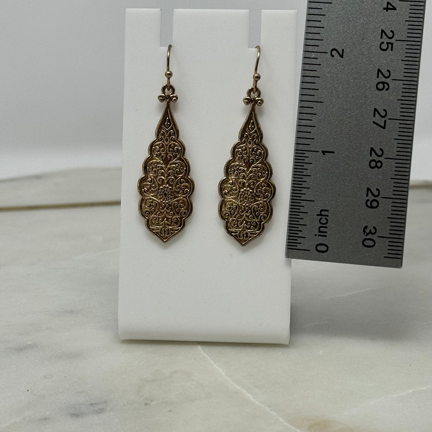 Earrings Boho Southwest Gold Tone Detailed Ornate Teardrop Dangle Hook 2 in