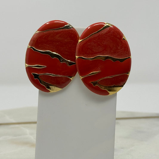 Vintage Red Enamel & Gold Accent Post Earrings