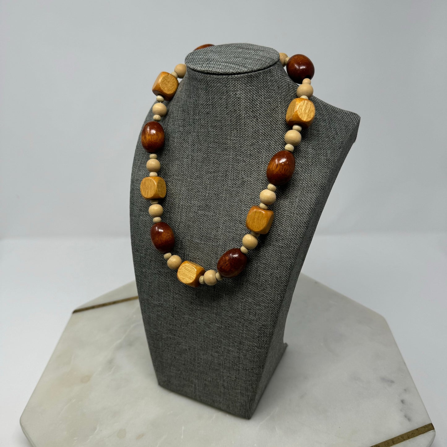 Necklace Boho Beaded Statement Wood Beige 18 inch Fashion Jewelry