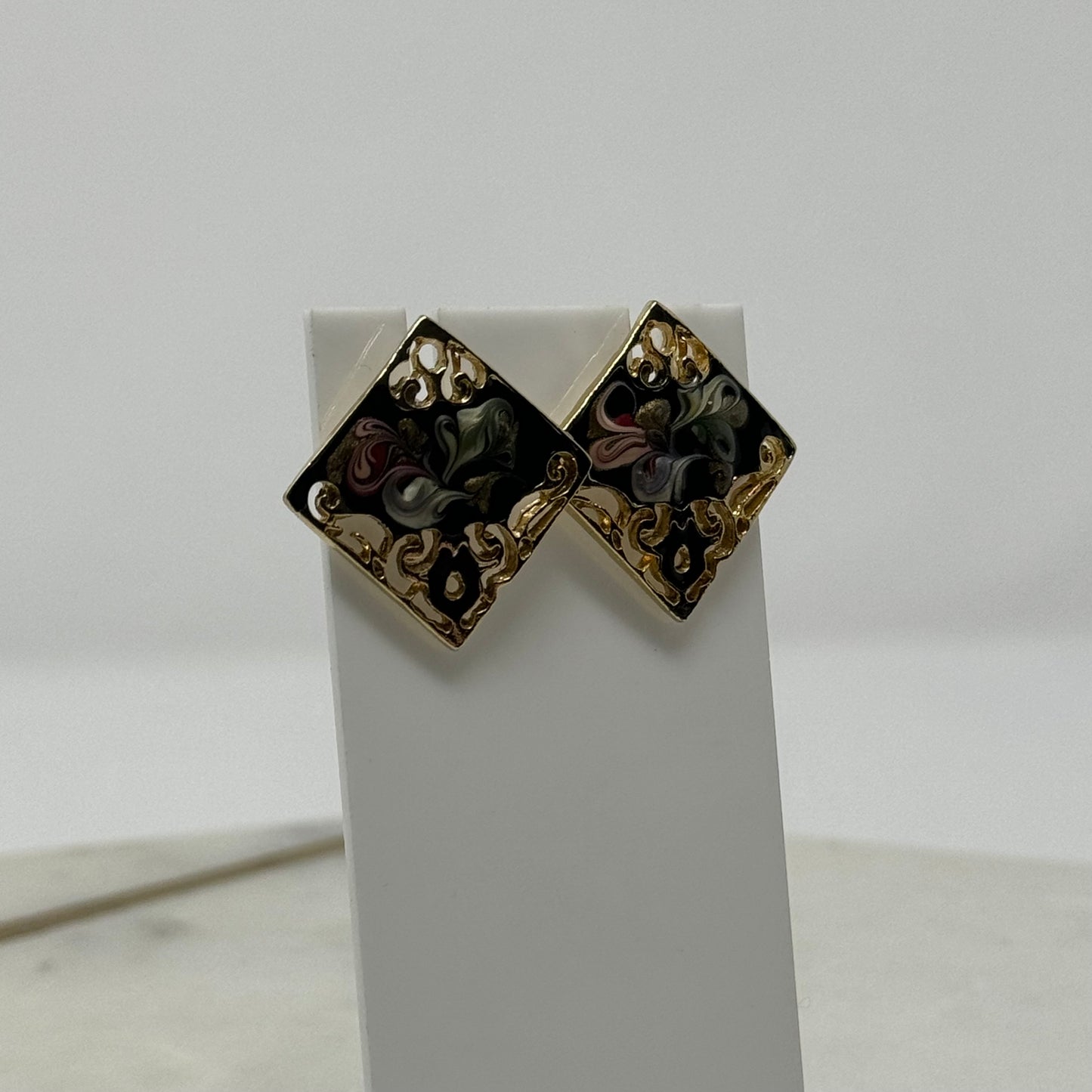 Vintage Intricate Square Enamel Stud Earrings