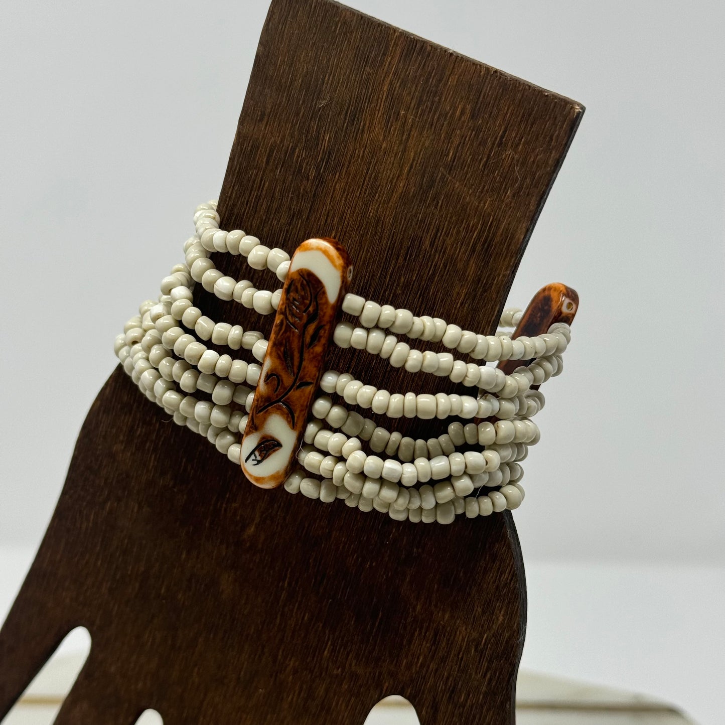 Bracelet Boho Statement Carved Rose Multi-Layer Seed Beaded Cuff 7 in