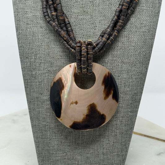 Boho Brown Beaded Necklace Large Shell Pendant Multi-Strand Brown Handmade Statement Jewelry