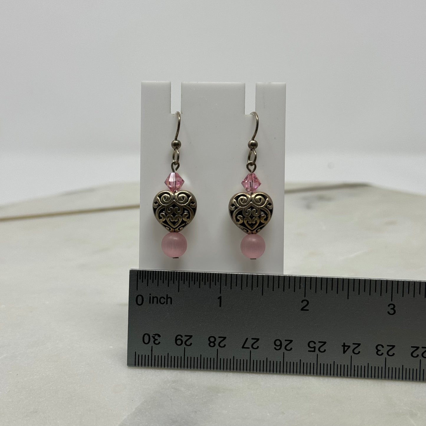 Pink Beaded Heart Dangle Hook Earrings