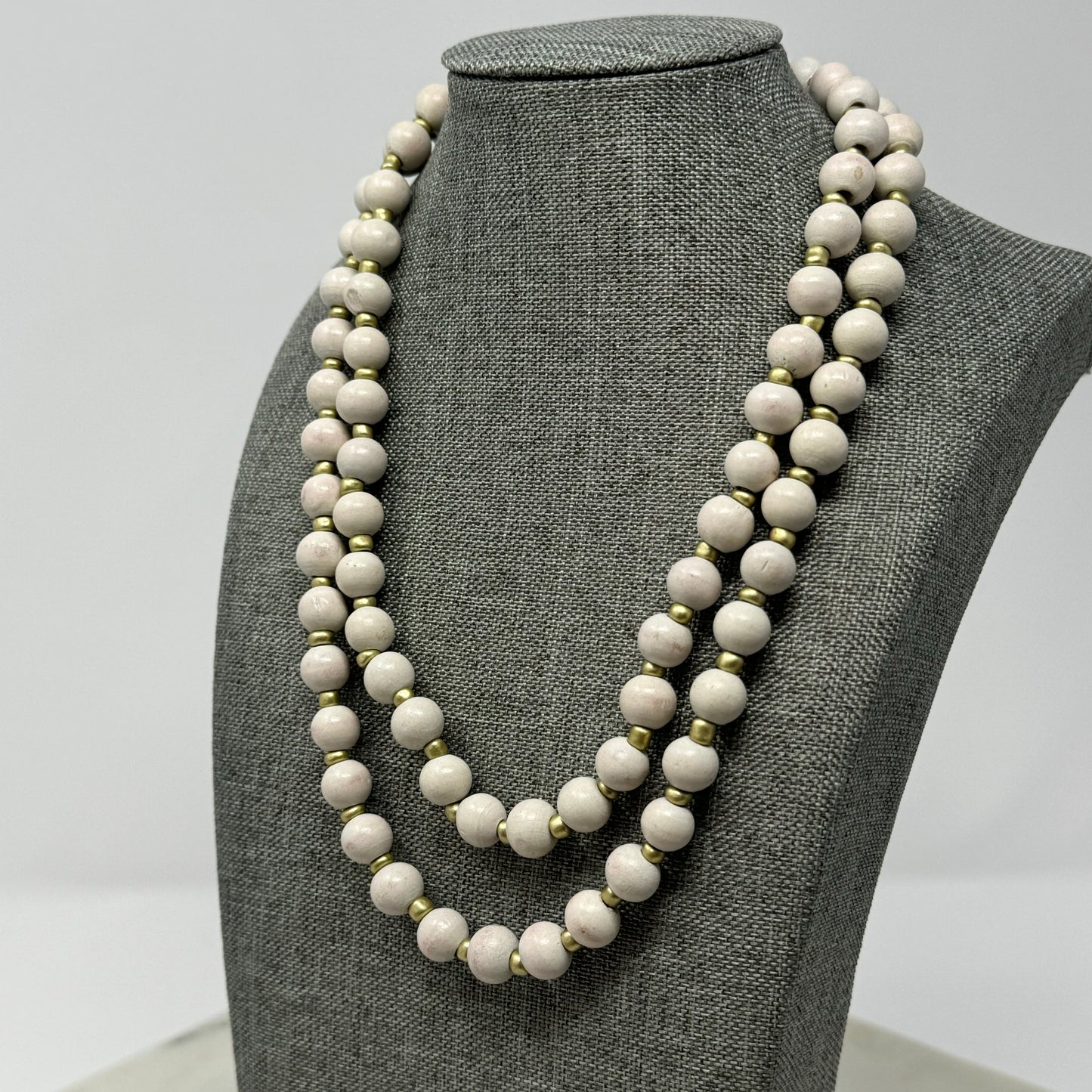 Necklace Boho Southwest Wood Beads White & Gold Tone Spacer 36 in
